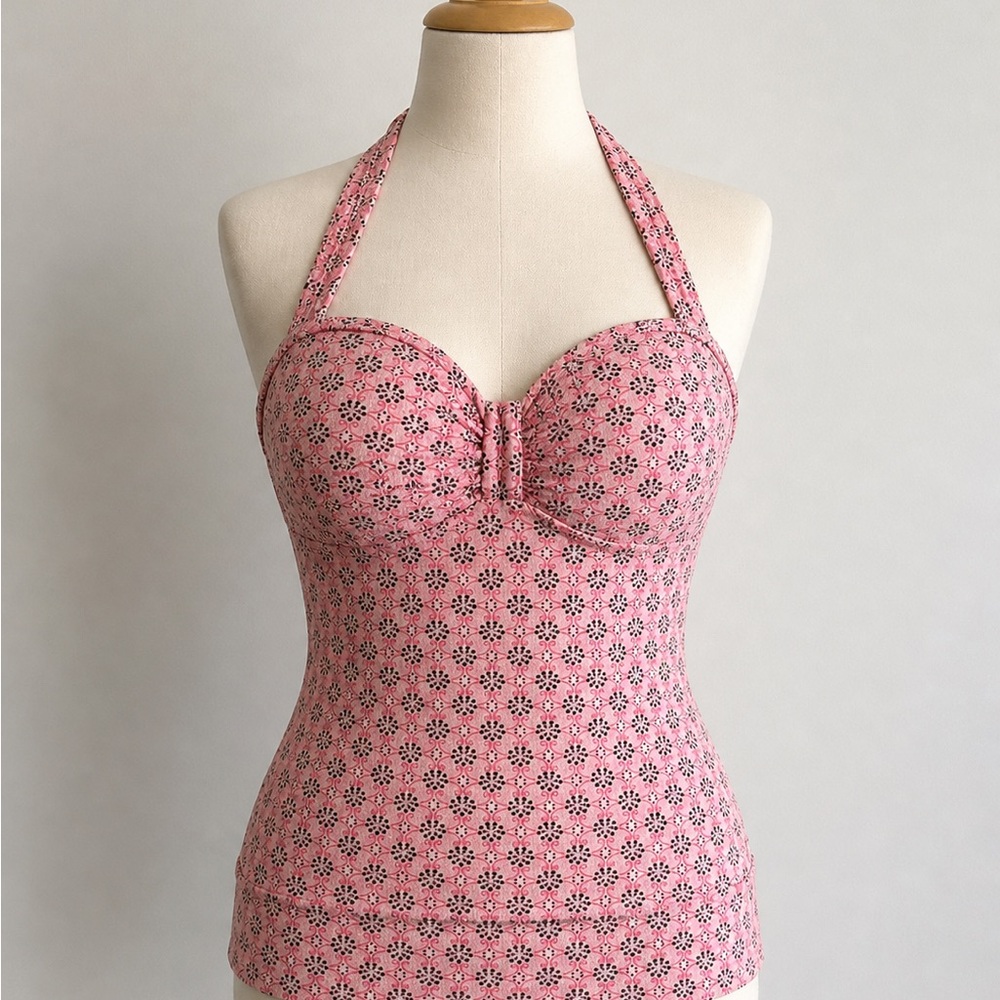 Y2K Coquette Floral Halter Pink Bustier Tank Top, Vintage LEI Juniors L